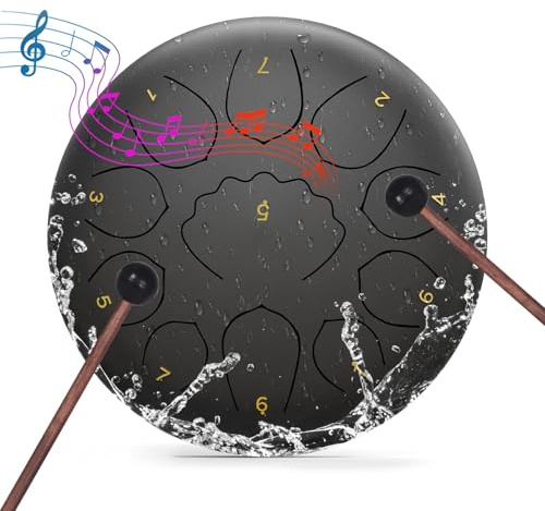 Professionelle Stahlzungentrommel für Erwachsene und Kinder, 20,3 cm (8 Zoll) Handschlaginstrument, Regentrommel mit 11 Noten für Yoga, Meditation, Musiktherapie und Konzerte (Schwarz, 20,3 cm)
