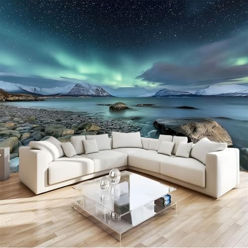 Fototapete Nordlichter An Der Norwegischen KüSte 350x256cm Mehrfarbig Panorama Wandtapete Dekoration, UV-Beständig Moderne Vlies Wanddekoration für Wohnzimmer Schlafzimmer