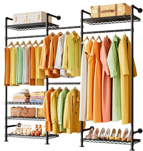 Wooruy Kleiderständer mit ausziehbarer Kleiderstange,stabiler Metall Kleiderständer für Kleidung,mit 170 kg Tragfähigkeit,höhenverstellbare Ablage, einfach zu montieren, für Schlafzimmer,Wohnzimmer