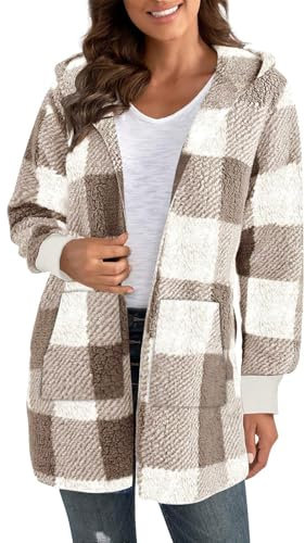 EMATOP Damen Teddy Fleece Mantel Warm Langarm Wolljacke Lässige Karierte Winterjacke mit Kapuze Fleecejacke Flauschig Lange Teddyjacke Winter Elegant Plüschjacke Weich Bequem Jacke Sweatjacke