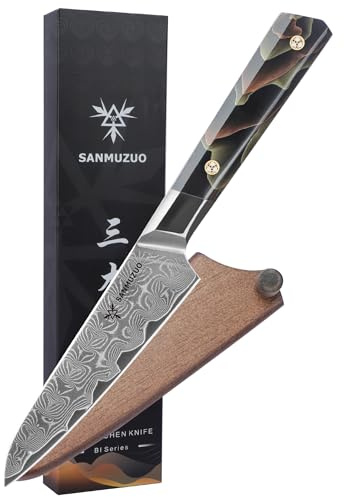 SANMUZUO Cuchillo multiusos de 13 cm, cuchillo de chef profesional, acero de Damasco ultraafilado con mango de resina de espiga completa, serie Bi