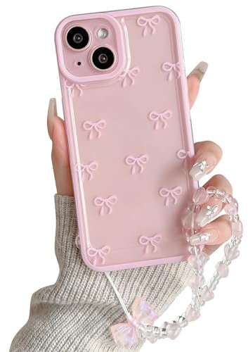 NITITOP Compatible with iPhone 13 Mini Case Cute Clear Pink Durable Ribbon Bowknot Pattern for Girls Women with Chain Wrist Strap Soft TPU Transparent Shockproof Protective Phone Cover - Pink