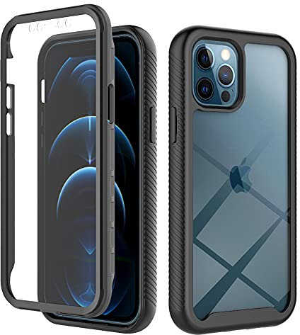 Noyabox 360 Hülle für iPhone 12/12 Pro, Stoßfest Panzerhülle mit Integriertem Displayschutz Langlebig Rundumschutz Kratzfest Robuste Schutzhülle mit Transparenter Rückseite, Schwarz