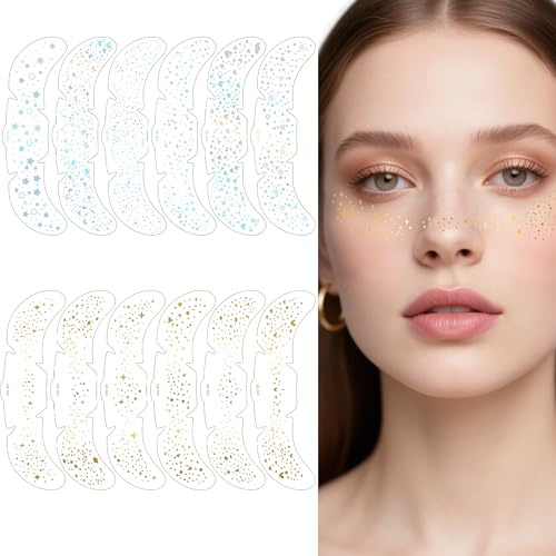 12pcs Glitter Freckles Face Tattoo, Waterproof Multichrome Glow Up Holographic Sparkle Face Glitter Speckles Patches Star Temporary Metallic Tattoo Stickers for Women Girls Party Cute Makeup
