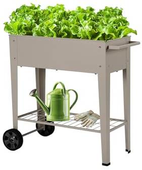 AGENQI Hochbeet Metall mit Rädern und Ablage 84.5 x45x80cm, Frühbeet Grau | Blumenkasten Kräuterbeet Pflanzenbeet, Gemüsebeet Gartenbeet Blumenkübel für Balkon,Garten,Terrasse