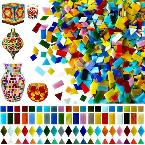LITMIND 2800 Stück undurchsichtige Buntglas-Mosaikfliesen – verschiedene Farben, 4 Formen (quadratisch, rechteckig, Diamant, Dreieck), Großpackung Mosaikfliesen für Handwerk, Erwachsene DIY