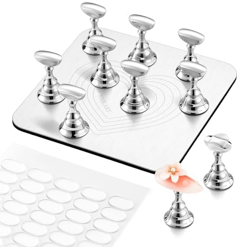 Makartt Magnetischer Nagelhalter, Nail Art Ständer mit 12 Haltern | Metallbasis mit 12 Magnet-Haltern & 200 Klebepads zum Gestalten, Üben, Aushärten und Präsentieren von Nageltips