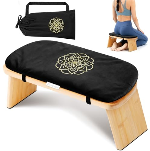 Hihealer Folding Bamboo Meditation Bench with Cushion & Carry Bag – Ergonomic Yoga and Prayer Stool for Comfort and Posture Support (Black)