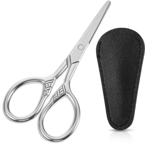 Mabor Ciseaux à barbe en acier inoxydable pour homme avec étui en cuir | Ciseaux de nez tranchants pour couper la barbe et les poils du nez (9 cm)