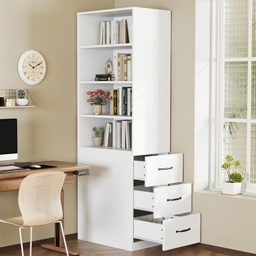 Ligterra Bücherregal, Bücherschrank, 180cm Hohes, Schmales mit Seitlichen Schubladen-Verstellbare Böden, Links/Rechts Austauschbar, für Kleine Räume-Sideboard, Wohnzimmer, Büro (Weiß)