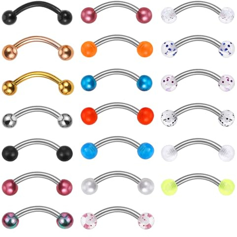 Yolev Lot de 20 bijoux de piercing pour sourcil en acier inoxydable avec barre courbée, anneaux pour sourcil, labret vertical, piercing pour lèvre et rook, anneaux pour lèvre et tragus pour femmes et
