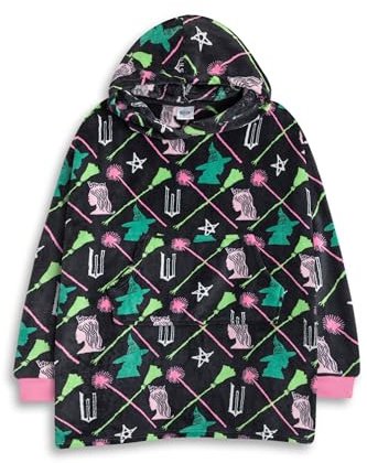Wicked Glinda Elphaba Girls Black Green Pink Blanket Hoodie | Long Sleeve Cosy Fleece Pullover for Lounging & Casual Wear | Character Merch for Movie Fans | Kids Loungewear