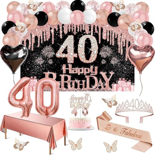 Amosking 40 Geburtstag Frauen Deko Roségold Schwarz 49pcs | Banner, Tischdecke, Schmetterlinge, Schärpe, Diadem, Tortendeko, Kerzen, Luftballonbogen, 40. Geburtstag Frauen