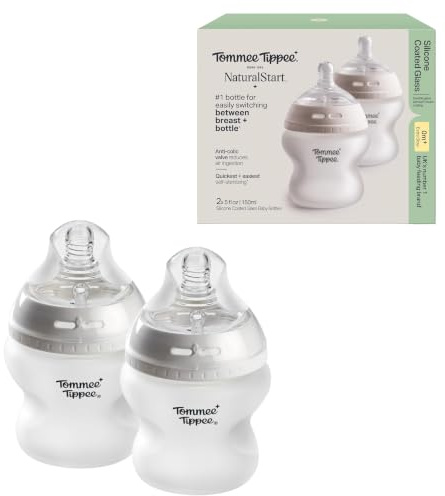 Tommee Tippee Biberons en verre enveloppé de silicone Natural Start, Dès la naissance, 150 ml, Lot de 2