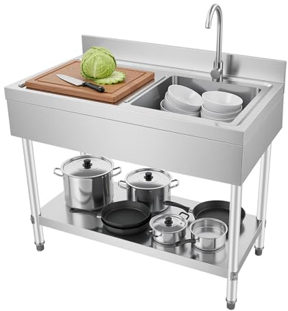 BTGSHYNM Fregadero de cocina independiente de acero inoxidable, 100 x 60 x 80 cm, con grifo, cesta de filtro, tubo de drenaje y patas ajustables, lavabo para el hogar, la gastronomía y el garaje