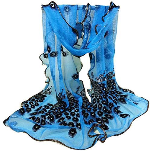 YEBIRAL Frauen Pfau Blumen Gestickter Spitze Schals Mode Feinem und Leichten Tücher Schals(Einheitsgröße,Azure Blue)