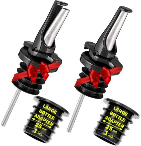 Poura Bec verseur hygiénique ClickSeal pour alcool - Passe au lave-vaisselle - Convient également pour huile d'olive, jus, sirop - Noir - Lot de 2 avec adaptateurs pour grandes bouteilles