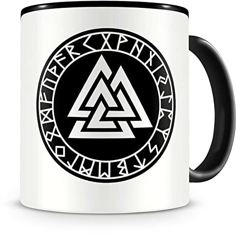 Samunshi® Valknut mit Runen B Tasse Kaffeetasse Teetasse Vikinger Wikinger Germanen schwarz 300ml
