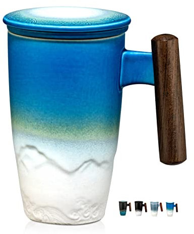 suyika Tomotime Ceramic Tea Cup with Infuser and Lid Tea Mugs Wooden Handle 400ml/13.5oz (Cyan Blue)