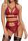 RSLOVE Sexy Lingerie for Women Floral Lace Bra and Panty Set 3 Pieces with Garter Belt Red Large