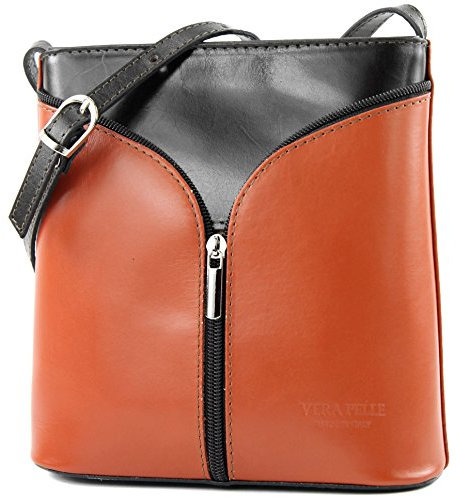 modamoda de - D19 - ital Kleine Umhängetasche aus Leder, Farbe:Cognac/Dunkelbraun