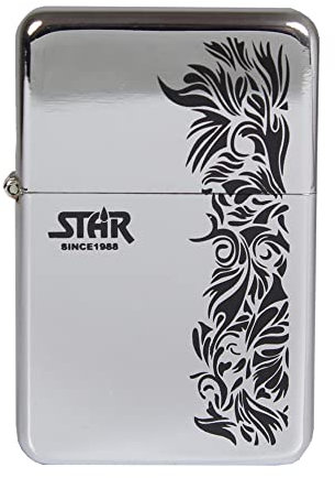 Benzinfeuerzeug American Style Benzin Feuerzeug Massiv Metall Sturmfeuerzeug Geschenk Outdoor Camping Verschiedene Designs und Farben - Serie B (Motiv 08 - Chrom Floral Star Since 1988)