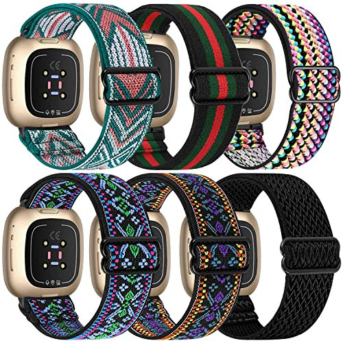 Elastische Nylonbänder, 6 Packungen, kompatibel mit Fitbit Versa 3/Fitbit Sense, verstellbare Nylon-Ersatzbänder für Fitbit Versa-Smartwatch, für Damen und Herren, Ohne Edelstein