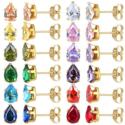 12 paires de boucles d'oreilles en acier inoxydable chirurgical plaqué or 18k, étoile coeur larme carré birthstone CZ zircone cubique boucles d'oreilles set