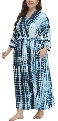 Damen Plus Size Roben Leichte Baumwolle Bademantel Lange Kimono Robe Morgenmantel Weiche Nachtwäsche Spa Knit Wrap Loungewear, Batik/Streifen, 1X