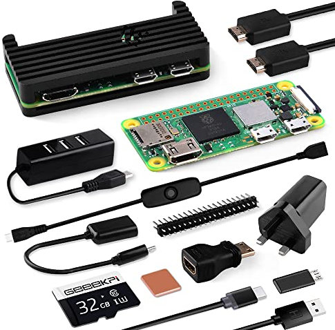 GeeekPi Raspberry Pi Zero 2 W Starter Kit,with RPi Zero 2 W Aluminum Case,32GB SD Card Preloaded OS,QC3.0 Power Supply, 20Pin Header,Micro USB to OTG Adapter,HDMI Cable,Heatsink,ON/Off Switch Cable