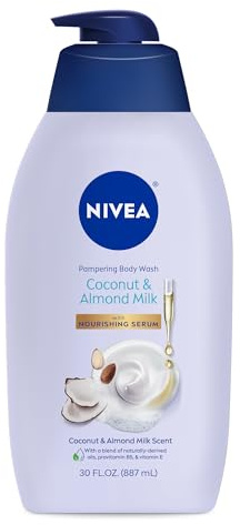 NIVEA Pampering Coconut and Almond Milk Body Wash with Nourishing Serum, Moisturizing Body Wash for Women, Enriched with Provitamin B5 and Vitamin E, 30 Fl Oz Bottle