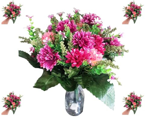 Realistic 41cm Artificial Cemetery Bouquet – UV Resistant Memorial Flowers with Wired Stems for Graves, Funerals & Garden Displays (Multiple Colors) Chrysanthemum Bouquet (Pink, Cerise, Wine)
