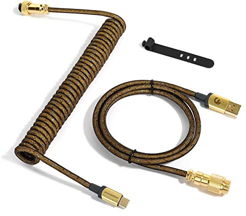 MAMBASNAKE C03 Coiled USB C Cable for Gaming Keyboard, Nylon Braided Mechanical Keyboard Cable with Detachable Metal Aviator, Double-Sleeved, Pro HyperSpeed Type C Cable with 8KHz Return Rate -Gold