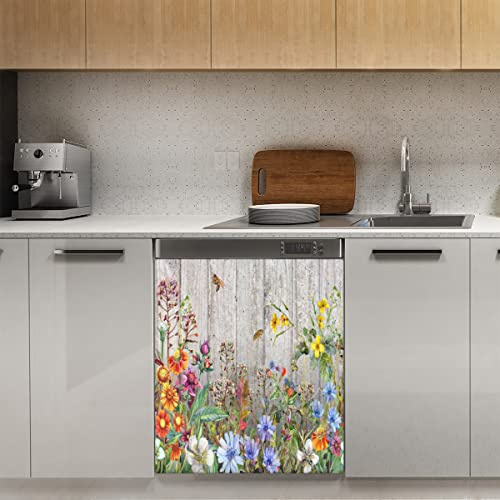 Wilde botanische Holz-Geschirrspüler-Magnetabdeckung, Blume, Pflanzen, Kräuter, Blätter, magnetische Dekoration, Panel, Magnet-Stiker für Kühlschrank, Küche, Dekoration, Tür, magnetisch, 58,4 x 66 cm