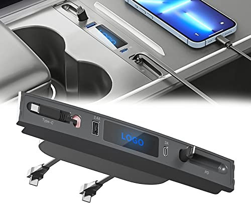Cargador de Coche para Tesla Model 3/Y 2023 2022 2021, Estación de Acoplamiento de Concentrador USB con 2 Cables de Carga de 80cm de Longitud Máxima 27W de Carga Rápida Hub Adaptador-C para Tesla