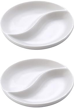 JIHUOO 2 Pcs 3.5 Inch Ceramic Divided Platters Sauce Dipping Plates Soy Sauce Dishes Small Dip Bowls 2 Compartment Serving Bowls for Kitchen Restaurant