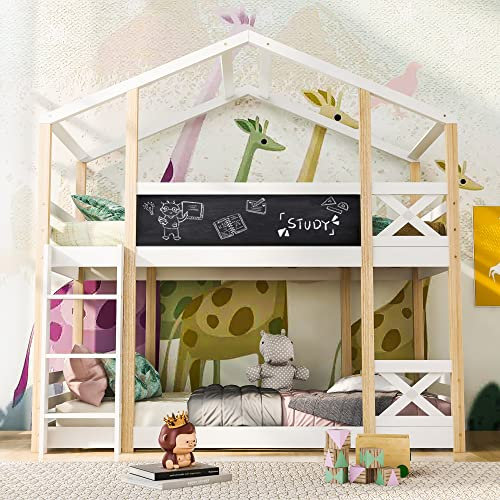 Tkopy Kinderbett Hausbett 90x200 Etagenbett für 2 Kinder, Baumhaus Hochbett mit Tafel, Holzbett Kinderbetten mit Rausfallschutz und Lattenrost, Kletterleiter, Jugendbett, ohne Matratze, Natur & Weiß