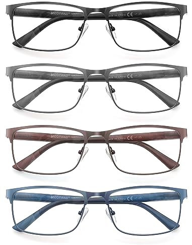 MODFANS 4er-Pack Lesebrille Herren Blaulichtfilter Metallrahmen Rechteck Stil Edelstahl Material