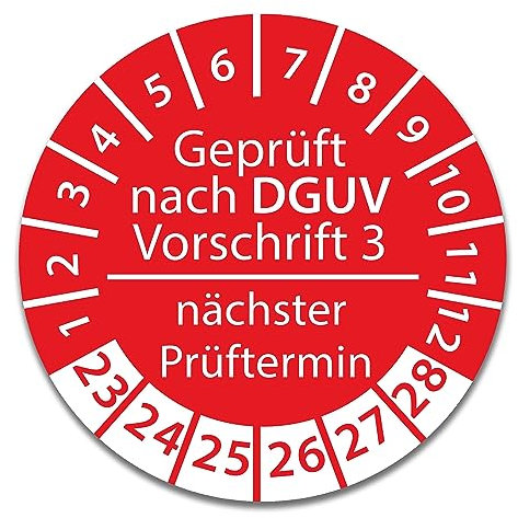 Prüfplakette DGUV V3 Nächster Prüftermin E-Check Elektro - 2023-2028 - Wasserfest/UV-Schutz - 30mm Plakette für Tritte Leitern Feuerlöscher Maschinen (DGUV V3 - Rot, 100 Stk.)
