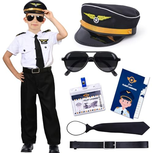 Pilot Costume for Kids Boys Airplane Outfit with Hat Sunglasses Accessories