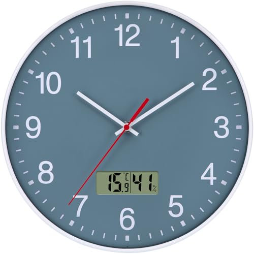VIVILINEN Lautlos Wanduhr mit Temperaturanzeige und Luftfeuchtigkeit Modern Quarzuhr Ohne Tickgeräusche für Wohnzimmer Schlafzimmer Büro Küche 30cm (Blau)