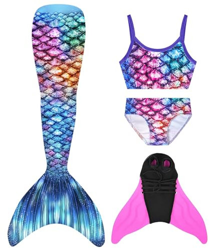 EUKSRH Meerjungfrauenflosse Mädchen Meerjungfrauenschwanz für Kinder Schwimmen mit Meerjungfrau Flosse und Bikini Set(4 Stück Set)