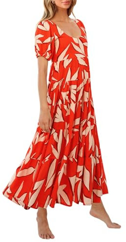 PRETTYGARDEN Robe d’été décontractée à Manches Bouffantes pour Femme, Motif Floral, Dos Nu, Robe Longue, smockée, Fluide à Volants, idéale pour la Plage, Taille L