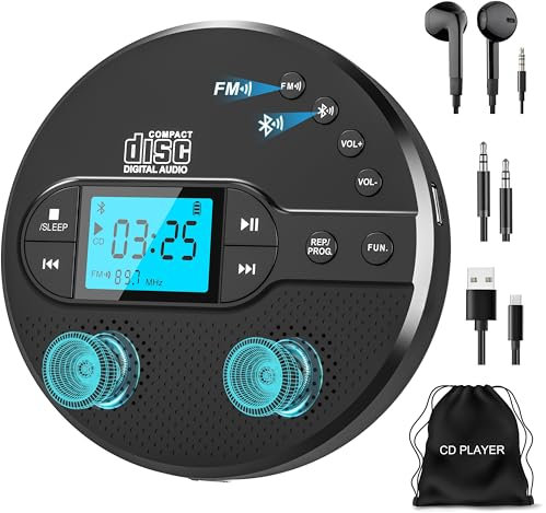NEU 2025 Bluetooth CD Player Tragbar, Greadio Discman CD Player mit 2000mAh Wiederaufladbarer, Kompatibler FM-Transmitter, USB, AUX-Ausgang, CD Spieler mit Kopfhörer und Anti-Skip/Stoßfest