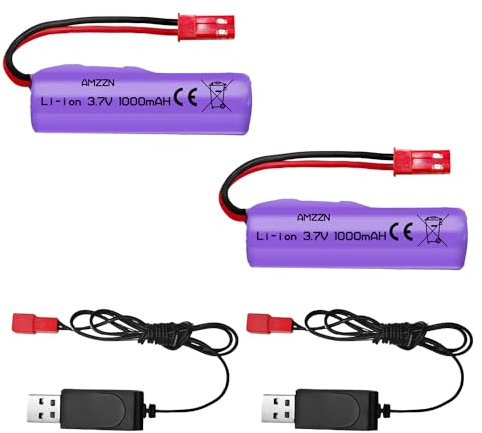 AMZZN 2PCS 3.7V 1000mAh JST-2P Stecker Li Ion Batterie mit USB Ladekabel für Huina 1337 1338 1516 1517 Fernbedienung Ingenieurfahrzeug, RC Fernbedienung Spielzeug Auto Backup Batterie