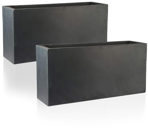 IDEALIST Set of 2 65cm Large Trough | Dark Grey Reinforced Stone Rectangle Plant Pot | Garden Planters with Drainage Holes L65 W19 H30 cm, 21 litres
