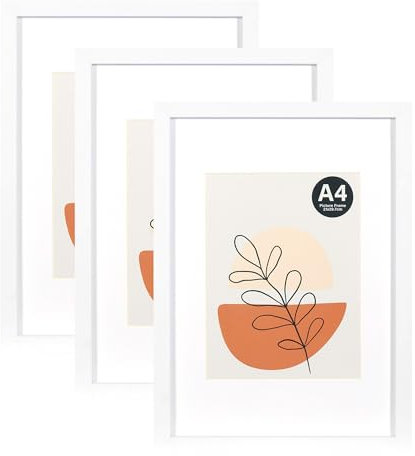 KAIWIN Bilderrahmen A4 Weiß 3er Set, 21x29.7cm mit Passepartout 15x20cm, Bilderrahmen Din A4 Holz mit Acrylglas zum aufhängen und aufstellen, Für Fotos, Poster, Puzzles| Posterrahmen