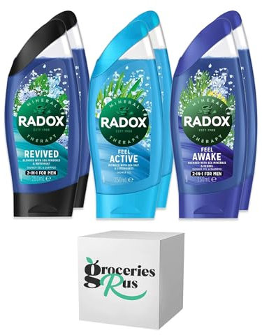 Shower Gel Variety Kit with Hanging Hooks, 250ml Bottles, Feel Revived, Active, Awake, Set of 6