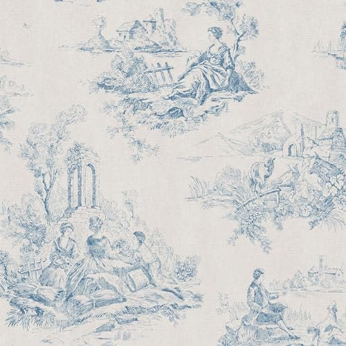 Toile De Jouy Blue Wallpaper - Country Scene Farmland Floral Animals - Traditional Vintage Classic Feature Wall