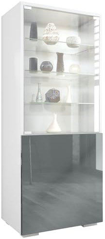 Vladon Vitrine Granada, Made in Germany, Vitrinenschrank mit Glastür und Glaseinsatz, Weiß matt/Grau Hochglanz (50 x 122,5 x 34,5 cm)